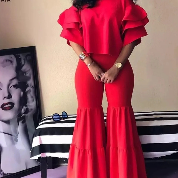 Red Flare pants suit Two piece set - Picture 1 of 6